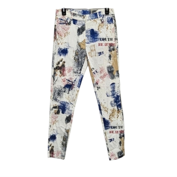 Simon Chang Graffiti Jeans Multicolored 97% Cotton 3% Spandex Sz 6 - Picture 1 of 8
